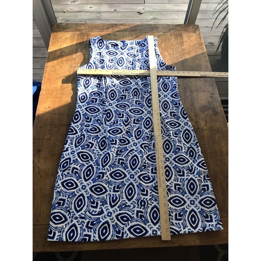 Alyx Dress blue/white Geometric sheath dress 14 Zip Back Polyester Spandex G2 - Picture 3 of 6